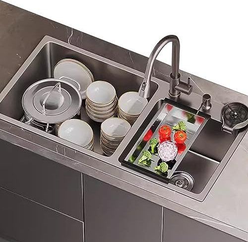 Genérico Fregadero cocinaFregadero de Acero Inoxidable Gris Fregadero Doble Grande Fregadero de Cocina Grifo extraíble Lavadora y Otros Accesorios Incluidos (Tamaño: 72x40x20cm)