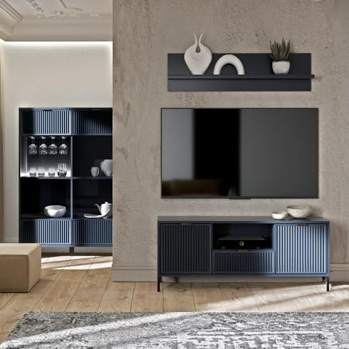 Lomadox Wohnwand Anbauwand Wohnzimmer Set Indigo blau modern 3-teilig Highboard Wandregal Lowboard