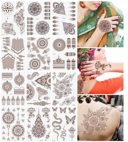 URAQT Pegatinas Tatuajes Temporales Mujer Niñas, 12 Hojas Tatuajes Temporales Adultos Mujer Marrón Rojo, Tatuajes Falsos Festival para Adultos Cuerpo Antebrazo Hombro Cuello
