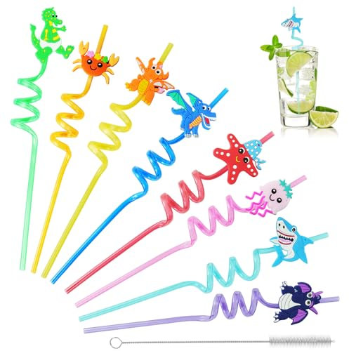 8 Piezas Pajitas Reutilizables Niños, Pajitas Fiesta En Espiral con Cepillo de Limpieza, Pajitas Rizadas Para Niños, Multi Color y Shapes Pajitas de Plástico para Fiestas de Cumpleaños