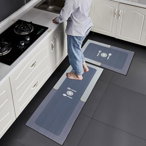 7VSTOHS Juego de Alfombras de Cocina Antideslizantes de 2 Piezas, Tapete Cocina Antideslizante Resistente al Aceite, Adecuado para Cocina, Baño, Sala de Estar, 43x75 + 43x150 cm