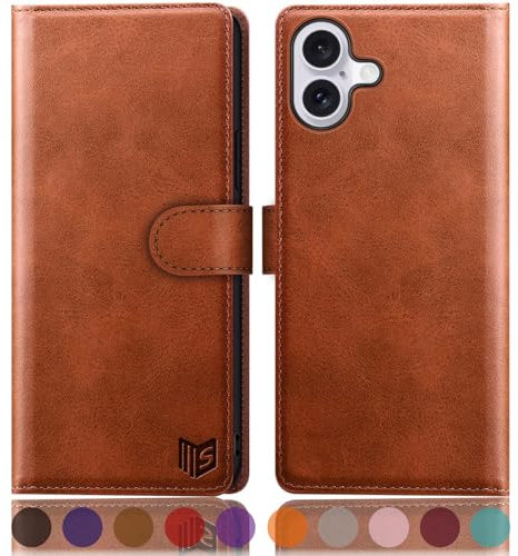SUANPOT compatible with iPhone 16 Plus 6.7 case with [Credit Card Holder][RFID Blocking],PU Leather Flip Book Protective Cover Women Men for Apple 16 Plus Phone case Light Brown