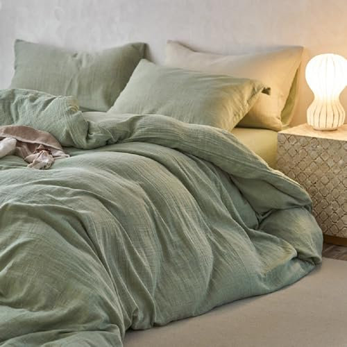 Sedefen Doppelte Musselin Bettwäsche 200x200 Baumwolle,Grün Bettwäsche Sets ÖKO-TEX Bettwäsche mit Reißverschluss,Bettbezug mit 2 Kissenbezüge 80x80 cm