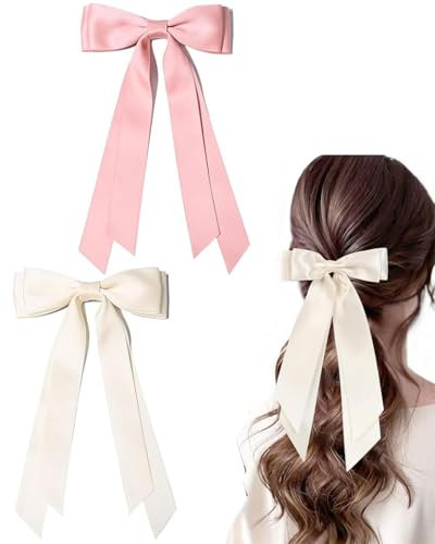 TIXQOLO Pince à cheveux nœud longue Streamer 2 pièces nœuds à cheveux pour femmes gros nœud en épingle à cheveux français pinces à cheveux avec long ruban pinces à cheveux barrette (Rose, blanc)