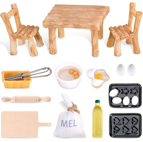 19 Stück Tisch Und Stuhl Wichtel - Miniatur-Feengarten Set Mit Harz Lebensmittel Spielzeug Für Puppenhaus