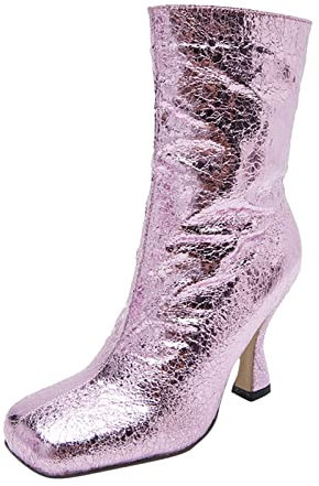 Stivali da donna con cerniera centrale, tacco alto, stivali da cowboy alti e lucidi, Viola, 38 EU