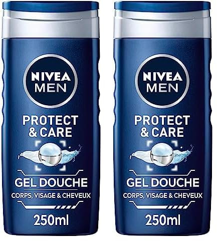NIVEA MEN Gel douche Protect & Care (1x 250 ml), Gel douche homme 3-en-1hydratant, Soin lavant à la formule hydratante enrichie en Aloe Vera (Lot de 2)