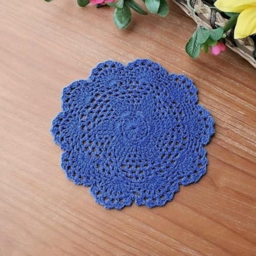 Blausky 4 tovagliette rotonde ricamate, all'uncinetto, in pizzo, per tazze, ciotole, piatti, vasi antichi, 20 cm, grigio blu