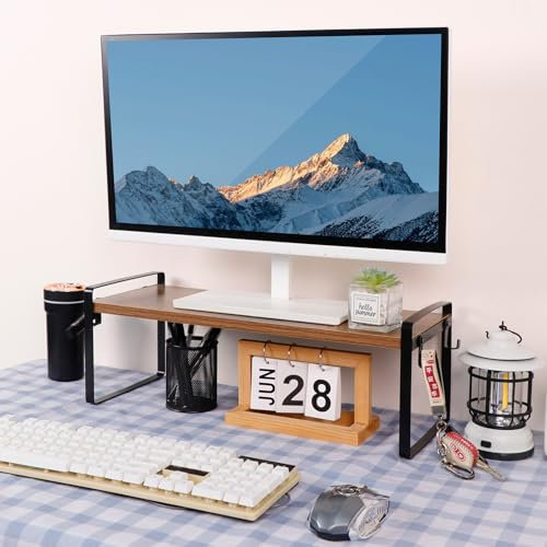 FURNITABLE Soporte de Monitor de Escritorio de Madera, Almacenaje de Oficina, para Monitor de Ordenador Portátil, 50 x 20 x 18 cm, Marrón Rústico+Negro, 1PCS