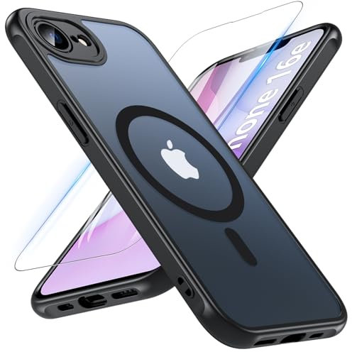 OWKEY iPhone SE 2025 Case, Magnetic iPhone SE 4 Case, Case with Tempered Glass, Military Protection, Matte Translucent Shockproof for iPhone SE 4, Slim Case, Black