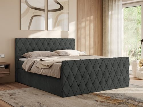 MKS MEBLE Boxspringbett 140x200 cm Miren Duo – Bett mit Bettkasten & Kopfteil, Ziernähte/Steppung – 2× 7-Zonen Taschenfederkern Matratze H4 mit Topper T25 – Dunkelgrau Strukture
