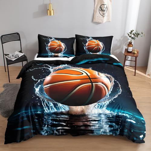 HOSIMA Bettwäsche-Set mit Basketball-Aufdruck für Jungen und Mädchen, Bettbezug mit 2 Kissenbezügen (Basketball M)