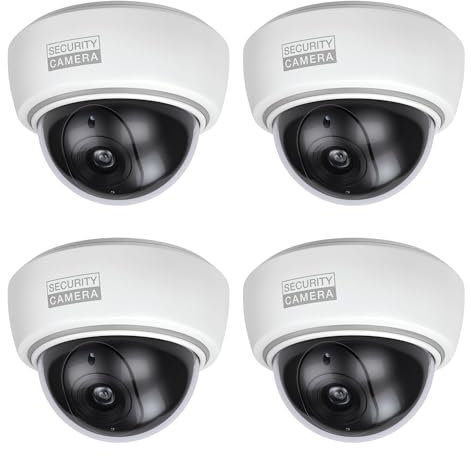 BASI | 4er Set Dome Kamera-Attrappe mit blinkendem LED-Licht | Dummy Kamera | Objektiv Überwachungskamera für den Innen- und geschützten Außenbereich | Wand- Deckenmontage | Weiß | CCTV