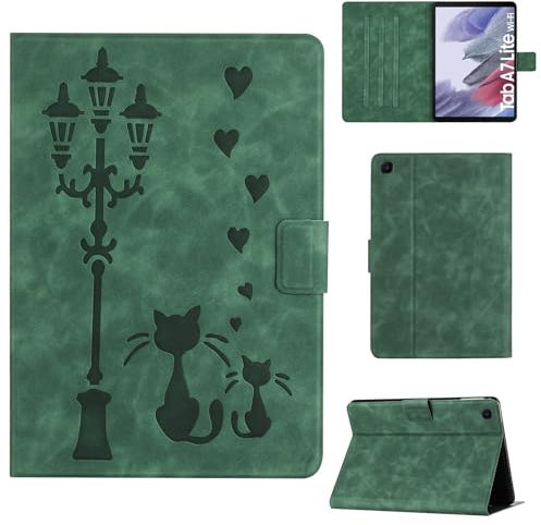 Rosbtib Funda para Samsung Galaxy Tab A7 Lite 2021 8.7 Modelo SM-T225/T220 Funda Protectora de Piel sintética con Soporte, Una Pareja de Gatos íntimos bajo una farola, para Galaxy Tab A7 Lite, Verde