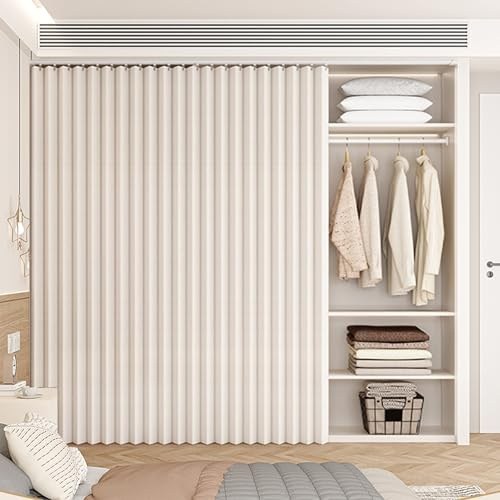 Schrankvorhänge für die Küche, Schrank Vorhang mit Gleitschienen, Sichtschutzvorhang für Regale & Kleiderschränke, Staubdichter Wasserdichter, Kein Bohren Nötig(Off-White,W 180 x H 220 cm)