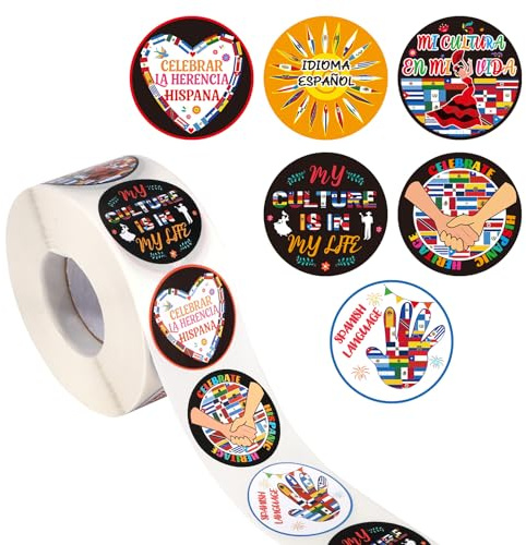 lasuroa 1000pcs Hispanic Heritage Month Stickers Roll, Spanish Speaking Countries Flags & Dance Patterns Latino Hispanic Decal for Teachers Students Spanish History Month Decoration Supplies