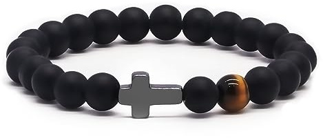 TOLOWOBK Bracelet Pierre Naturelle Homme Garçons Croix Bracelet Perle Noir | Oeil de Tigre Elastique Bracelets de Perles 8MM Chretienne Baptême Bijoux Cadeau Noël Anniversaire Pour Papa Fils Mari
