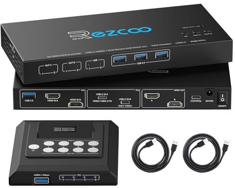 4K@120Hz HDMI USB C KVM Switch Dual Monitor USB 3.0 2 Monitore 2 Computer EDID Emulatoren für 2 PCs teilen 2 Displays und 4 USB 3.0-Ports SPDIF Kopier Erweiterungsmodus, 2 USB-Kabel und Controller.