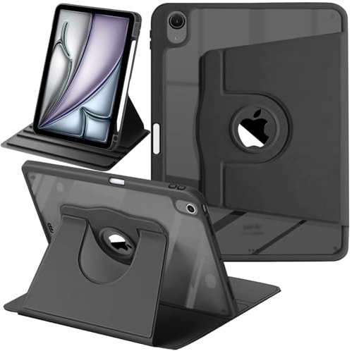Funda Giratoria para iPad Air 11 M4/M3/M2 2026/2025/2024 Air 5/4 Negro | Borde TPU Flexible Carcasa Trasera Transparente Soporte Giratorio 360 Grados Protección Antigolpes Diseño Delgado Resistente