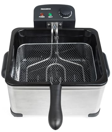 Progress 5L Deep Fat Fryer - 2 x 2.5L, Non-Stick Removable Basket and Lid, Easy Clean, 150-190°C, Viewing Window, Adjustable Temperature Control, Power/Ready Light, Cool-Touch Handle, Anti-Slip, 2000W