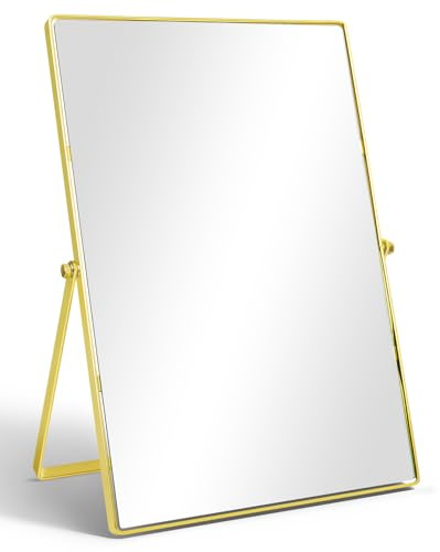 TSKDKIT Kosmetikspiegel Schminkspiegel Mit Metallrahmen Gold Chrom | 31L x 22.5W cm Tragbar Tischspiegel Standspiegel für Tisch, Badezimmer, Kommode, Wohnzimmer, Schlafzimmer, Büro, Rechteckig