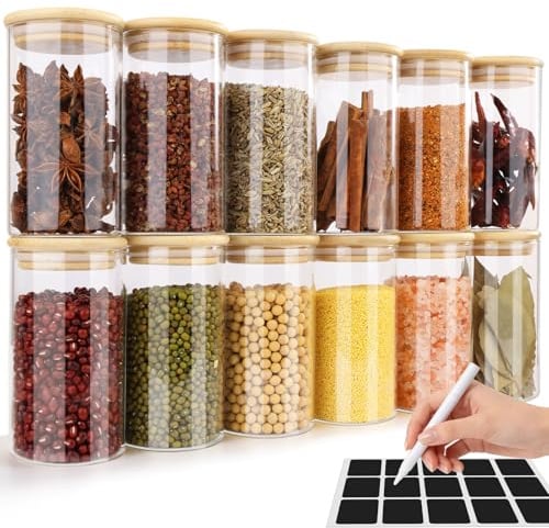 Otauoaea 12 Pot a Epices Ronds, 300ml Bocaux à Épices en Verre et Bois, Bocaux en Verre Hermetique Récipient à épices, Boite Epices Cuisine Rangement, ⌀6,5cm x 12,5cm
