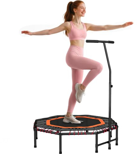 HOMCOM 48 Achteckiges Mini Fitness Trampolin Rebounder Indoor Outdoor Faltbarer Mini Jumper mit verstellbarem Griff, Max. Belastung 150 KG, Orange