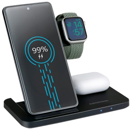 Grundig 3-in-1 Kabellose Ladestation für Apple Watch und iPhone – Qi Ladegerät mit Ladefunktion für Smartphone, Smartwatch, Kopfhörer – Wireless Charger – Faltbar