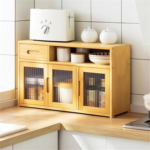 Meuble de rangement de cuisine en bambou avec porte et tiroirs en acrylique – Rangement pour bouteilles d'épices et vaisselle, parfait pour le salon et la salle à manger