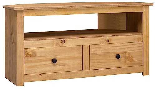 Runheo TV-Eckschrank 93x49x49cm aus massivem Kiefernholz, Panama-Kiefer, mit 2 Schubladen, offenes Fach, natürliches Holz, für Wohnzimmer, Schlafzimmer