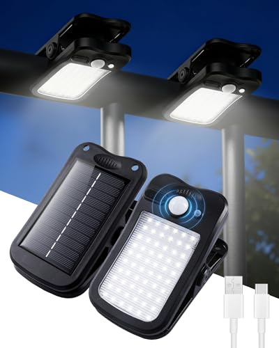 Außenlampe mit Bewegungsmelder Dachrinnen Solarleuchten Klemmleuchte-2er | 3 Modi PIR Sensor, Clip-On ohne Bohren, Solarbetrieb + USB-Aufladung IP65 wasserdicht für Garten Zaun Terrasse Deck