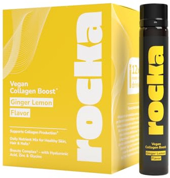 Rocka Nutrition Vegan Collagen Boost Shots | Ready-to-Drink Beauty Supplement zur Unterstützung der körpereigenen Kollagenbildung | Mit Glycin, Vitamin C, Zink & Hyaluronsäure (Ginger Lemon, 12x 25ml)