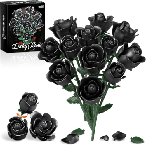 Ensemble de construction de bouquet de roses noires, 12 pièces de fleurs artificielles de la collection botanique, bouquet de blocs de construction de roses à faire soi-même pour la Saint-Valentin, la