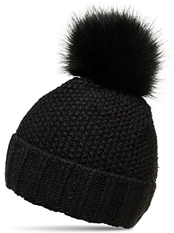 Caspar MU173 Damen Winter Mütze Strickmütze Bommelmütze mit Kunstfell Bommel, Farbe:schwarz, Größe:One Size