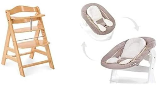 Hauck Newborn Set (2 Piezas): Trona Alpha desde 6 meses hasta 90 kg, evolutiva, altura regulable, en natural + Hamaca (con cojin reductor liso) en beige