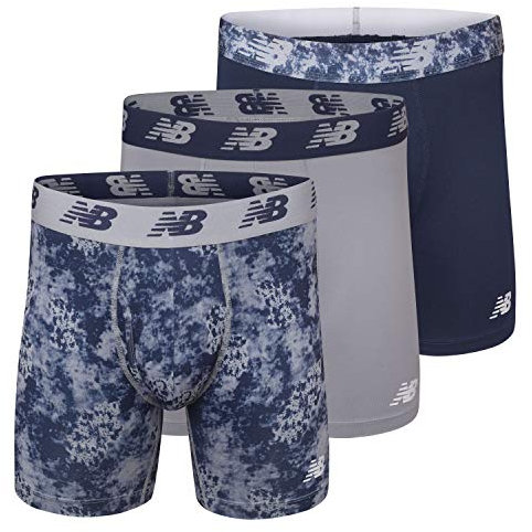New Balance Men's 6 Boxer Brief Trunk Underpants Fly Front with Pouch, 3-Pack, Print/Steel/Pigment, Medium