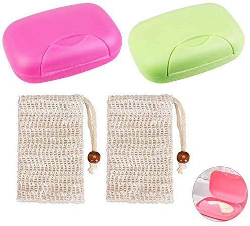 Queta 2Pcs Porte-Savons en Plastique avec Couvercle Sacs à Savon en Moussant en Sisal et 2 Crochets Adhésif pour Rangement, Massage de Douche et Visage