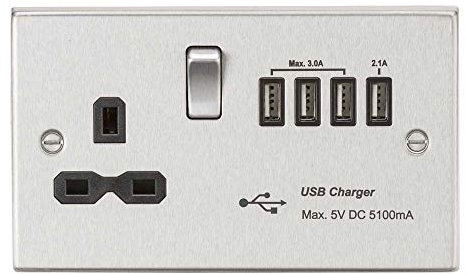 Knightsbridge CS7USB4BC Switched Socket with 5.1 A Quad USB Charger, Brushed Chrome with Black Insert, 13 A