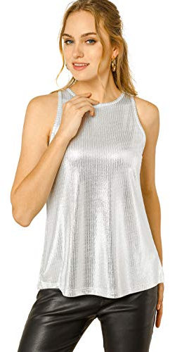 Allegra K Damen Pailletten Oberteil Metallic Glitzer Ärmellos Club Party Camisole Tank-Tops Helles Silber M