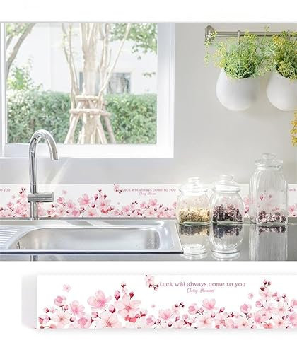 Peel and Stick Wallpaper Border Self-Adhesive Wall Border Sticker Home Ceiling Decorative Border for Bathroom Living Room Kitchen Pink Cherry Blossom 12CM X 600CM