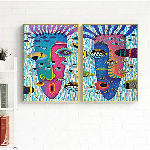 Wandkunst abstrakte Malerei lustige Meeresfisch-Poster druckt Leinwandbilder für Wohnzimmerdekoration skandinavisches Dekor 30x40cmx2 rahmenlos