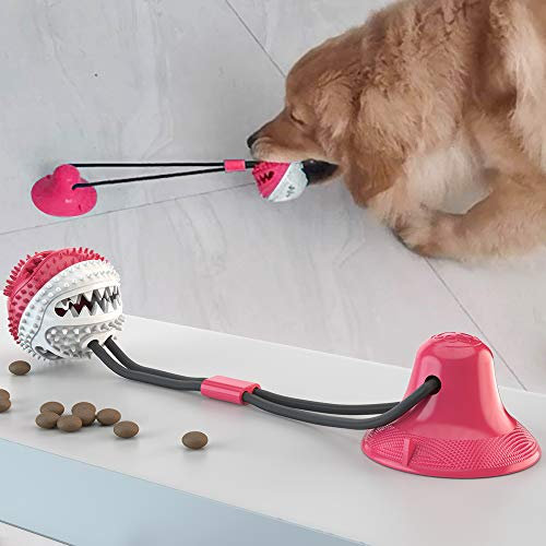 FTRONGRT Giocattolo per Cani, Giocattolo da Masticare per Animali Domestici, Pet Palla per Cani con Ventosa, Denti Puliti dai Molari, Giocattolo per Dispensare Cibo.Rosso Bianco