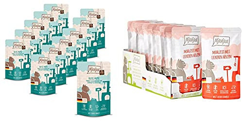 MjAMjAM - Premium Nassfutter für Katzen - Quetschie - purer Fleischgenuss - Gute Pute pur (12 x 125 g) & Premium Nassfutter für Katzen - Quetschie - Mahlzeit mit leckeren Herzen (12 x 125 g)