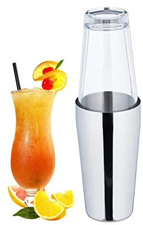 Relaxdays Cocktail Shaker Boston, 2-teiliger Cocktailmixer, 400 & 600 ml, Edelstahl & Glas, Profi, silber/transparent, 28.5 x 8.7 x 8.7 cm