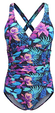 FLYRONG Swimming Costume for Women V Neck One Piece Tummy Control Swimsuits for Women Swimwear (Printed- Purple Orchid, Small)