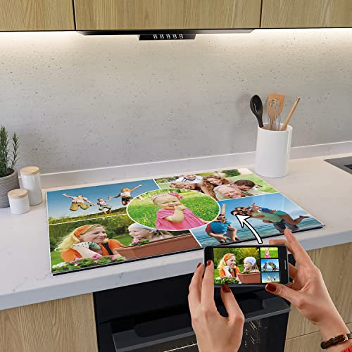 Wallario Herdabdeckplatte/Spritzschutz aus Glas, 1-teilig, 80x52cm mit 13 mm hohen Füßen, für Ceran- und Induktionsherde, Motiv Collage Wunschmotiv, Ihre Fotos, Ihr Bilder gedruckt, 5 Wunschfotos