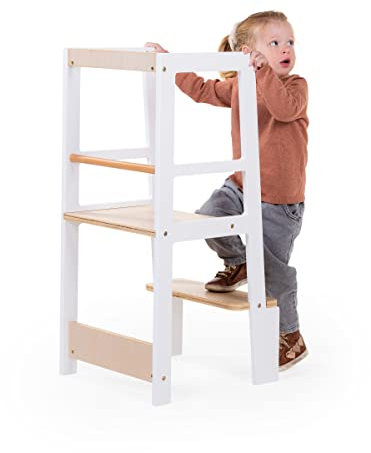 CHILDHOME, Beobachtungsturm Montessori, Lernturm für Kinder, sicher, 2 Höhen, ab 18 Monaten bis 100 kg, Naturweiß