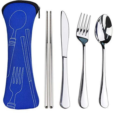 5PCS Portable Silverware Set with Case, Lengnoyp Travel Camping Utensils Set, Premium Stainless Steel Travel Cutlery Set, Reusable Safe Flatware Sets for Lunch Box/Workplace/Students/Kids, Silver