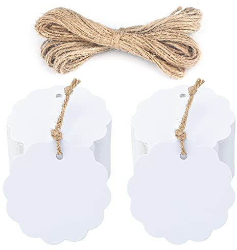 Geschenk Anhänger Kraftpapier Rund Etiketten 6cm mit Jute Schnur, für Hochzeitsgeschenke Weihnachtsgeschenke Partygeschenke (Weiß, 50 Stück)