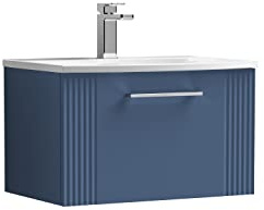 nuie DPF394G Deco Modern Bathroom Wall Hung 1 Drawer Part Fluted Vanity Basin Unit with Curved Ceramic Basin, 600mm, Satin Blue